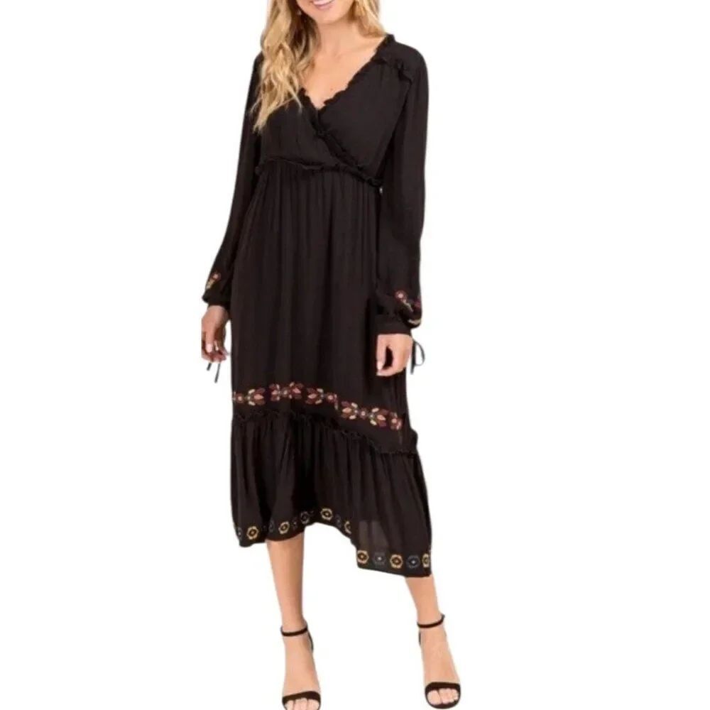 Francescas Miami XS Black Embroidered Bohemian Tiered Midi Dress Ruffles NWT $58